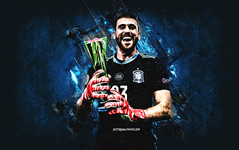 Unai Simon, Spain national football team, Spanish soccer player, goalkeeper, blue stone background, soccer, Spain HD wallpaper