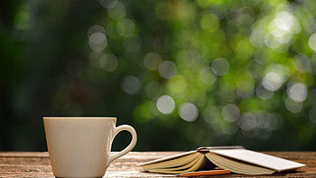 Coffee cup book, Bokeh effect, Relaxing ambiance HD wallpaper