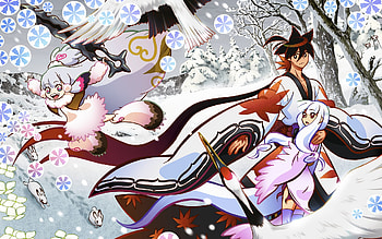 Katanagatari - Snow Battle, shichika, kanazuchi, birds, sword, beautiful, anime girl, itezore, snow, battle, anime guy, katanagatari, katana, togame HD wallpaper