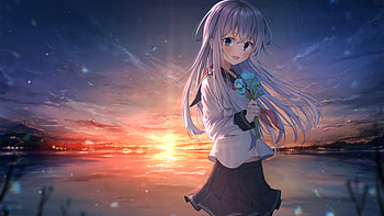 Blue Eyes White Long Hair With Flower Wearing Uniform Sunset Background Anime Girl HD wallpaper