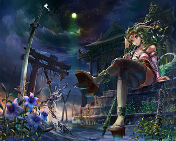 Samurai girl, night, blue, cute, stars, beauty, lady, butterfly, moon, female, art, gate, girl, katanas, beautiful, swors, woman, purple, anime, pretty, samurai, clouds, nature, flowera, lovely HD wallpaper