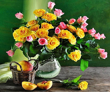 Still life, color, roses, beauty, basket, pink, freshness, fruit, nature, flowers HD wallpaper