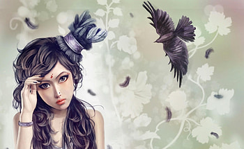 Fantasy, Feather, Bird, Flight, Girl, Cap, Hat, Raven HD wallpaper