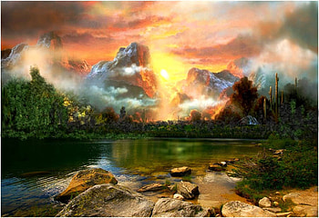 Nubes, sol y lago, pasion, color, fantasia, vista HD wallpaper