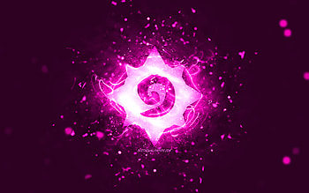 Hearthstone purple logo, , purple neon lights, creative, purple abstract background, Hearthstone logo, online games, Hearthstone HD wallpaper
