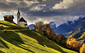 Church in Switzerland, clouds, Switzerland, mountains, church HD wallpaper