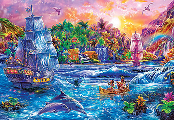 Tropics Paradise Found, boat, sea, palms, birds, sailship, art, beach, digital, dolphins, flowers, sky, sunset HD wallpaper