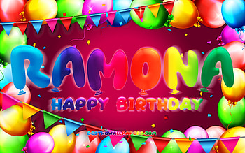 Happy Birtay Ramona, , colorful balloon frame, Ramona name, purple background, Ramona Happy Birtay, Ramona Birtay, popular american female names, Birtay concept, Ramona HD wallpaper