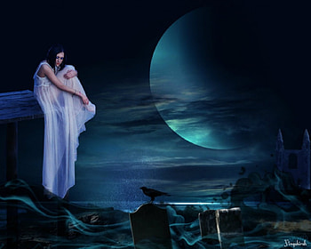 Dark evening, night, moon, fantasy, grave, woman HD wallpaper
