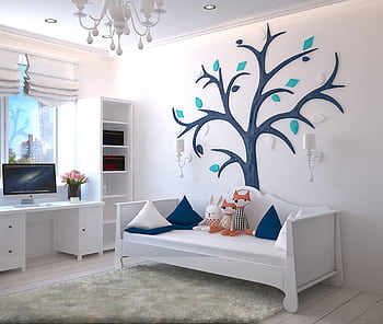 A stylish children's room with a modern design featuring a tree wall art and plush toys. HD wallpaper