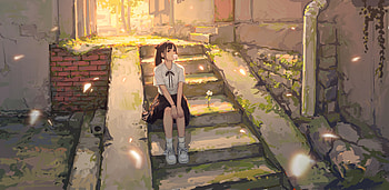 Mossy Alley With Girl Blowing Bubbles, anime-girl, anime, artist, artwork, digital-art, pixiv HD wallpaper