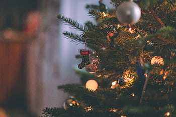 Close-up of a beautifully decorated Christmas tree with ornaments and lights indoors. HD wallpaper