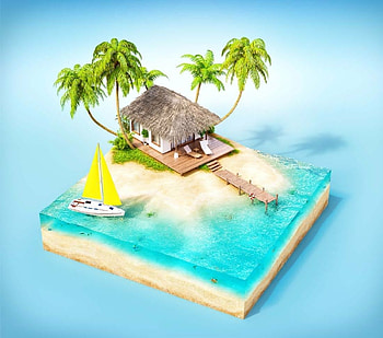 Tropical Island, Branch, Palm trees, Bungalow, Ship, Pier HD wallpaper