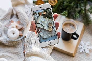 Top view of cozy winter setting with coffee, smart capturing a warm flat lay. HD wallpaper