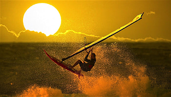 windsurfing, waves, boy, ocean, sunset HD wallpaper