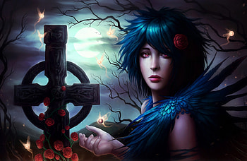★Night of Spiritual Drifting★, night, misses, cross, colors, charm, trees, female, eyes, magnificent, pretty, despair, face, hair, fire, lovely, feathers, cute, , red eyes, Fantasy, soul, moon, glance, lips, worthless, gothic, roses, drifting, beautiful, sadness, dark, spirit, crow, love, lights, branches, cool, clouds, girls, flowers, women, spiritual HD wallpaper