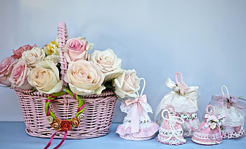 Flowers, Roses, Bluebells, Basket, Bows HD wallpaper