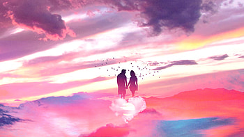 Couple, love, sky, clouds, fantasy HD wallpaper