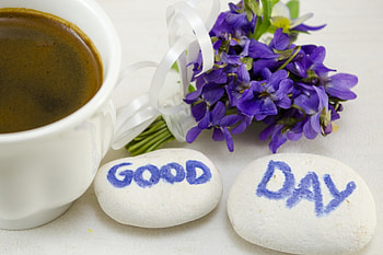 Good day:), table, bouquet, ribbon, good day, coffee, flowers, cup, rocks HD wallpaper