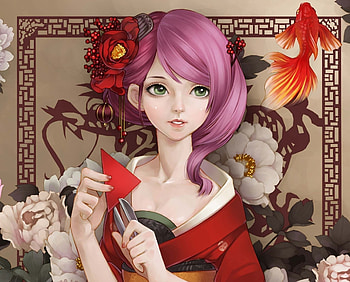 Anime girl, purple, asian, anime, flowers, girl, oriental HD wallpaper