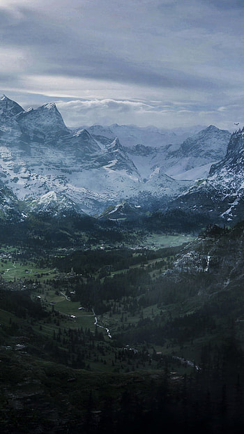 At Journey's End, dragon, landscape, river, snow, cliff, forest, fantasy, mountain, The Elder Scrolls V: Skyrim, video game, fantasy landscape, Snowy Mountain HD phone wallpaper