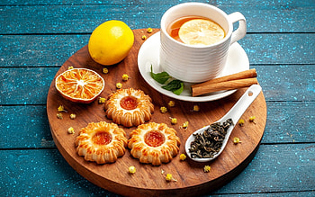 Tea with Lemon, wooden, tea, lemon, cup, cookies HD wallpaper