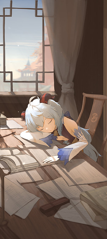 Ganyu taking a nap in the library, Ganyu (Genshin Impact), video game, Genshin Impact HD phone wallpaper