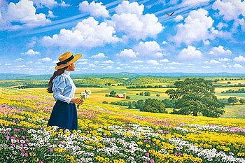 Heaven and Earth, painting, clouds, trees, fields, landscape, sky, girl HD wallpaper