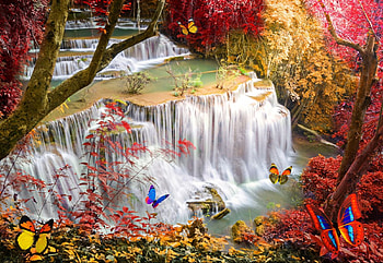 Deep Forest Waterfall, butterflies, leaves, painting, colors, tree HD wallpaper