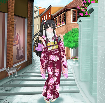 Mio Chan, kimono, yukata, long hair, beauty, nice, staircase, mio akiyama, akiyama, scenery, female, k-on, sweet, scene, kon, girl, beautiful, mio, black hair, anime girl, anime, pretty, stair, lovely HD wallpaper