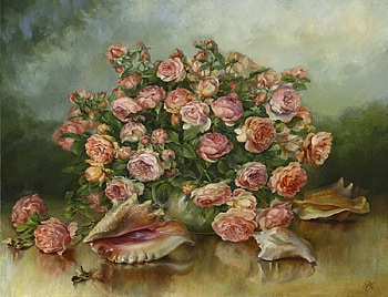 Roses & Shells, pink, shells, bouquet, roses, painting, mauve, small, arrangement HD wallpaper