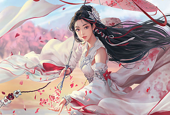 Fantasy girl, frumusete, fantasy, red, gorgeous, parasol, girl, seunghee lee, white, wind, superb HD wallpaper