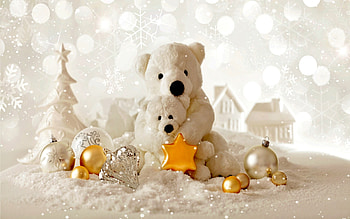 Winter Bears, White, Gold, Winter, Houses, Christmas, Bears HD wallpaper