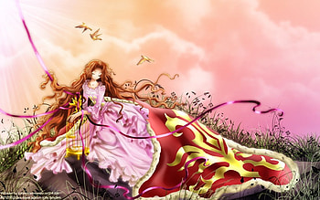 Little lost Bird, birds, ribbons, birdcage, girl, dress, anime, light, clouds, sky HD wallpaper