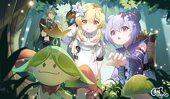 Aranara Stroll: Lumine, Qiqi & Baizhu — Genshin Impact, Lumine (Genshin Impact), Aranara, Qiqi (Genshin Impact), Baizhu (Genshin Impact), video game, Genshin Impact HD wallpaper