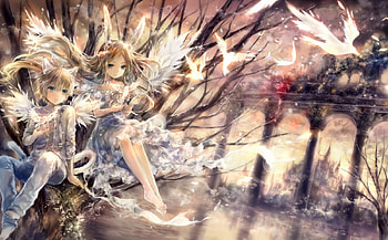Moment, angel, dress, nice, scenery, feather, wing, scenic, couple, male, female, wings, sweet, scene, bird, kitsune, girl, romance, anime girl, neko, boy, anime, pretty, anime couple, ears, romantic, gown, lovely HD wallpaper