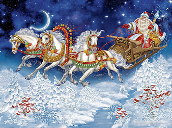 Santa's Sleighride, artwork, sleigh, horses, painting, snow, christmas, stars HD wallpaper