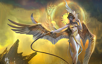 Angel, rongrong wang, frumusete, fantasy, yellow, luminos, girl, goddess HD wallpaper