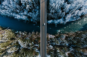 Aerial view, nature, road, bridge, river HD wallpaper