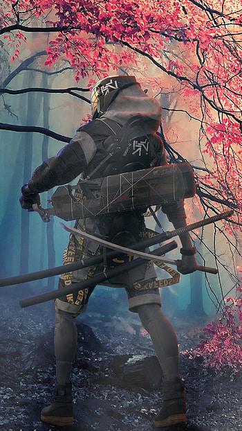 Ninja standing alone near tree, forest, fantasy, ninja HD phone wallpaper