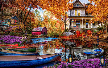 Autumn Evening Colors in the Mountains, artwork, river, barn, painting, house, boats, trees, flowers HD wallpaper
