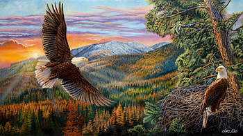 dom, artwork, wings, painting, trees, landscape, sky, eagles HD wallpaper