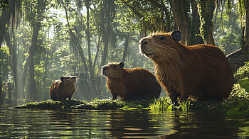 Serene Capybara Trio in Vibrant Ultra, Animal, capybara, Wildlife, river, rainforest HD wallpaper