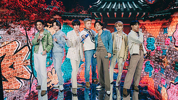 J-Hope V Jungkook Suga Jin RM Park Ji-Min Are Standing In Colorful Wall Background BTS HD wallpaper