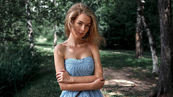 Blonde, model, bare shoulder, crossed arms, outdoor HD wallpaper