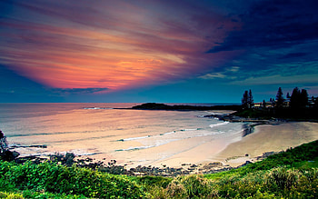 Sky, Nature, Waves, Beach, Sand, Coast, Ocean, Vegetation, Color, Colors, Evening, Bay, Calmness, Tranquillity HD wallpaper