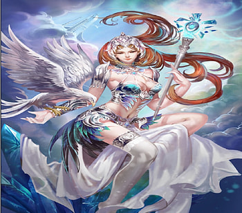 Guarding Sky City, wings, wand, bird, city, woman HD wallpaper