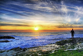 Fishing at the Shoreline, sky, sun, ocean, land HD wallpaper