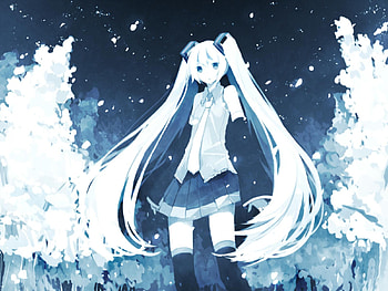 Hatsune Miku, night, blue, awesome, night sky, cute, stars, vocaloid, beauty, nice, miku, cherry blossom tree, vocaloids, petals, hatsune, thighhighs, trees, skirt, white, sakura trees, twintail, beautiful, tie, anime, pretty, cool, sky HD wallpaper