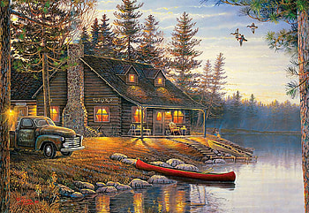 The Outpost, river, boat, car, cabin, stones, artwork, painting, trees, forest HD wallpaper